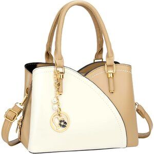 Women’s Khaki White Triple Compartment Satchel Fashion Top Handle Shoulder Bag